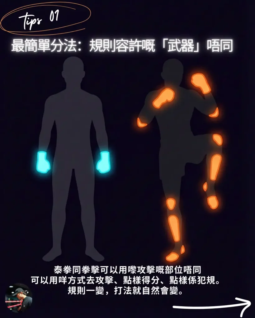 拳擊泰拳分別最重要一樣係拳擊與泰拳規則及攻擊部位比較圖。西洋拳只限運用雙拳，而泰拳則可用拳、肘、膝、腳攻擊。香港新手學打拳必備基礎知識。