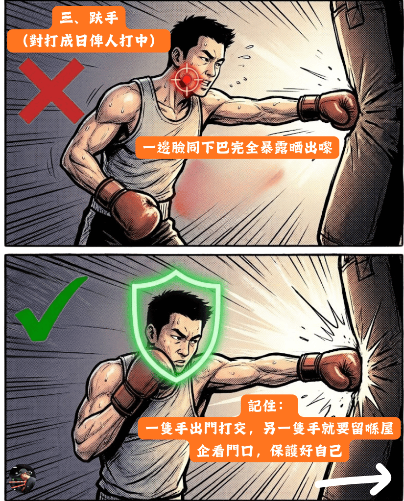 拳擊防守意識：一手出拳，另一手必須護下巴