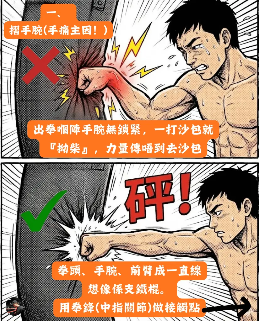 打拳手腕痛原因：錯誤屈曲手腕 vs 正確拳鋒直線發力