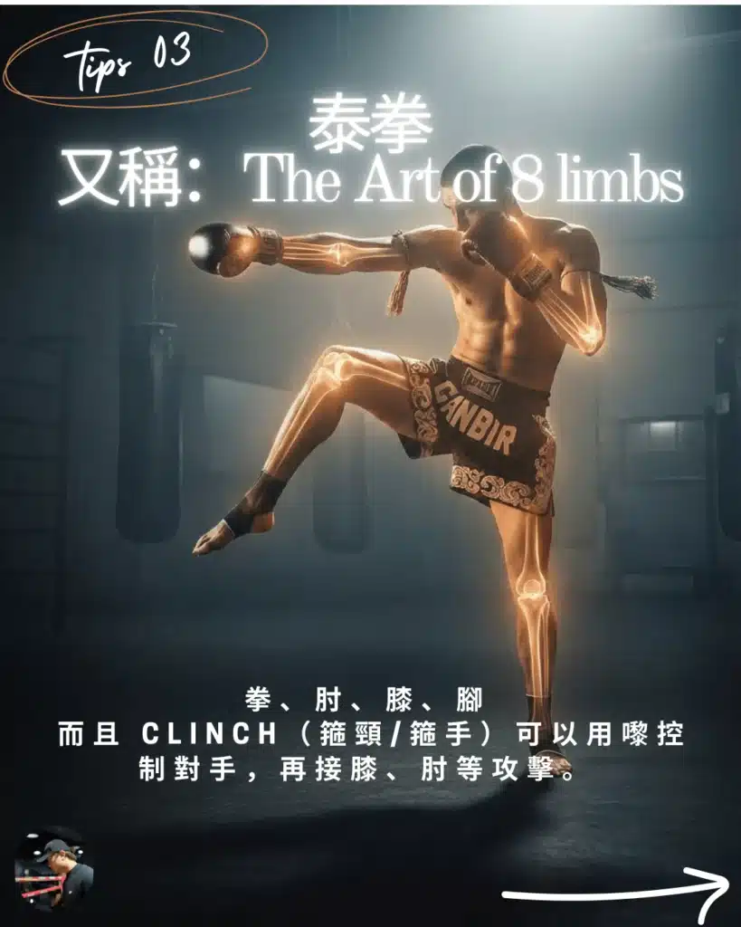 泰拳 (Muay Thai) 又稱八臂的藝術，全面運用拳、肘、膝、腳及箍頸 (Clinch) 技巧。Chankawa Boxing 泰拳班教你正宗實戰防身技巧。