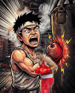 How to Hit the Heavy Bag? Cover of a boxing comic strip asking if constant sandbag training leads to no progress. Shows a comic-style fighter crying while punching a sandbag, listing symptoms of wrist pain, no power, and getting hit all the time. An arrow points to the next panel.