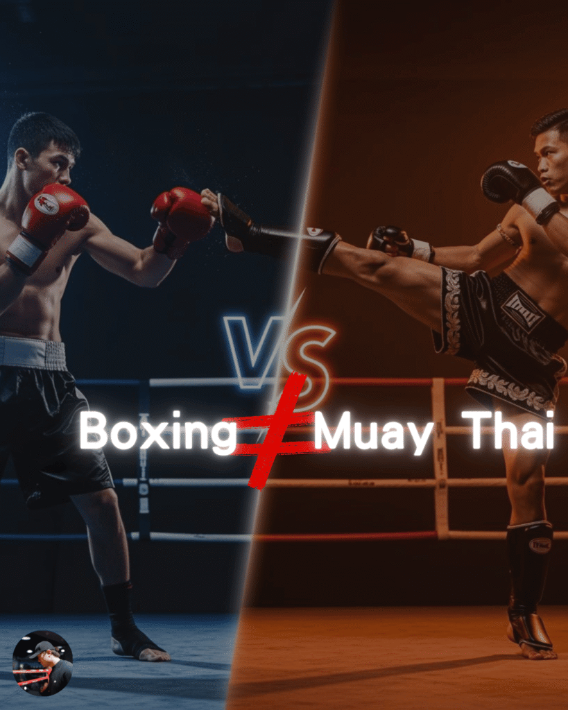 Title graphic asking "What is the difference between Boxing and Muay Thai?" featuring a split-screen of a boxer and a Muay Thai fighter facing off in a ring.