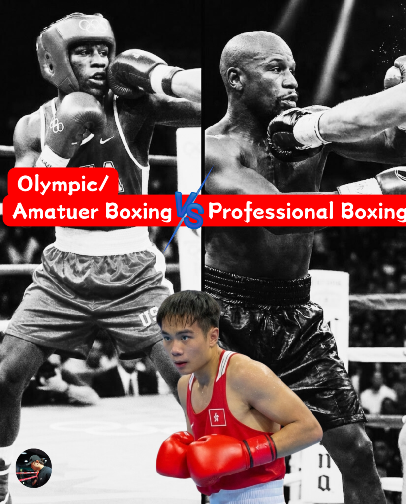 Pro Boxing vs. Olympic/Amateur Cover graphic for a guide comparing Olympic/Amateur boxing versus Professional boxing. The image features a split-screen of Floyd Mayweather wearing protective Olympic headgear on the left and fighting shirtless as a professional on the right. Text reads: "Deconstruct the differences in 1 minute!"