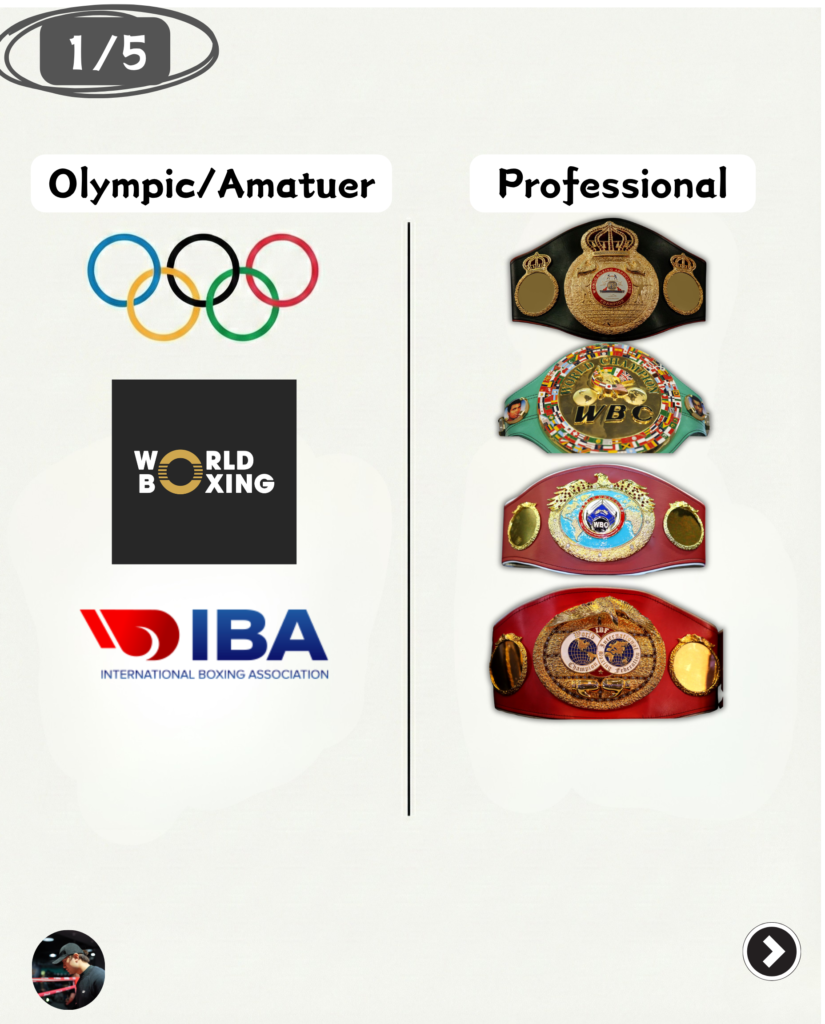 Infographic comparing the structure of the two boxing worlds. The left side highlights Olympic/Amateur boxing (Olympic Rings, World Boxing, IBA logos), focusing on national sports events, random opponent draws, and fighting for medals. The right side highlights Professional boxing, featuring WBA, WBC, WBO, and IBF championship belts, focusing on individual commercial bouts and agreed-upon opponents.