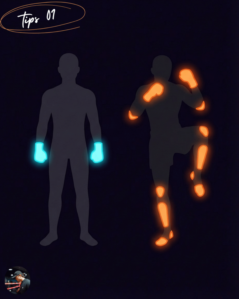 Diagram comparing allowed striking areas. A silhouette of a boxer highlights only the fists in blue, while a Muay Thai fighter highlights fists, elbows, knees, and shins in orange.