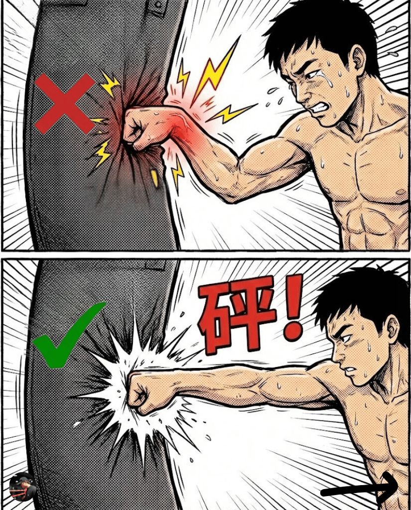 A two-panel comic comparison. Top (Red X): Bent wrist causing pain when punching. Text says "One: Collapsing Wrist (Main cause of wrist pain!!)". Bottom (Green Checkmark): Correction showing straight-wrist punch with a loud "砰!" (Whack!) sound. Text explains keeping fist, wrist, and forearm in a straight line, like an iron rod, and using the middle knuckle.