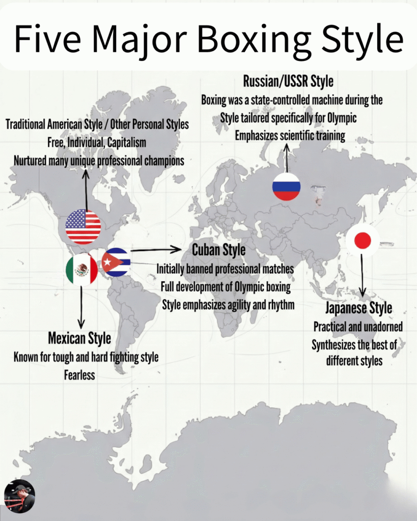 World map showing the geographic origins of the 5 major boxing styles and their core philosophies.