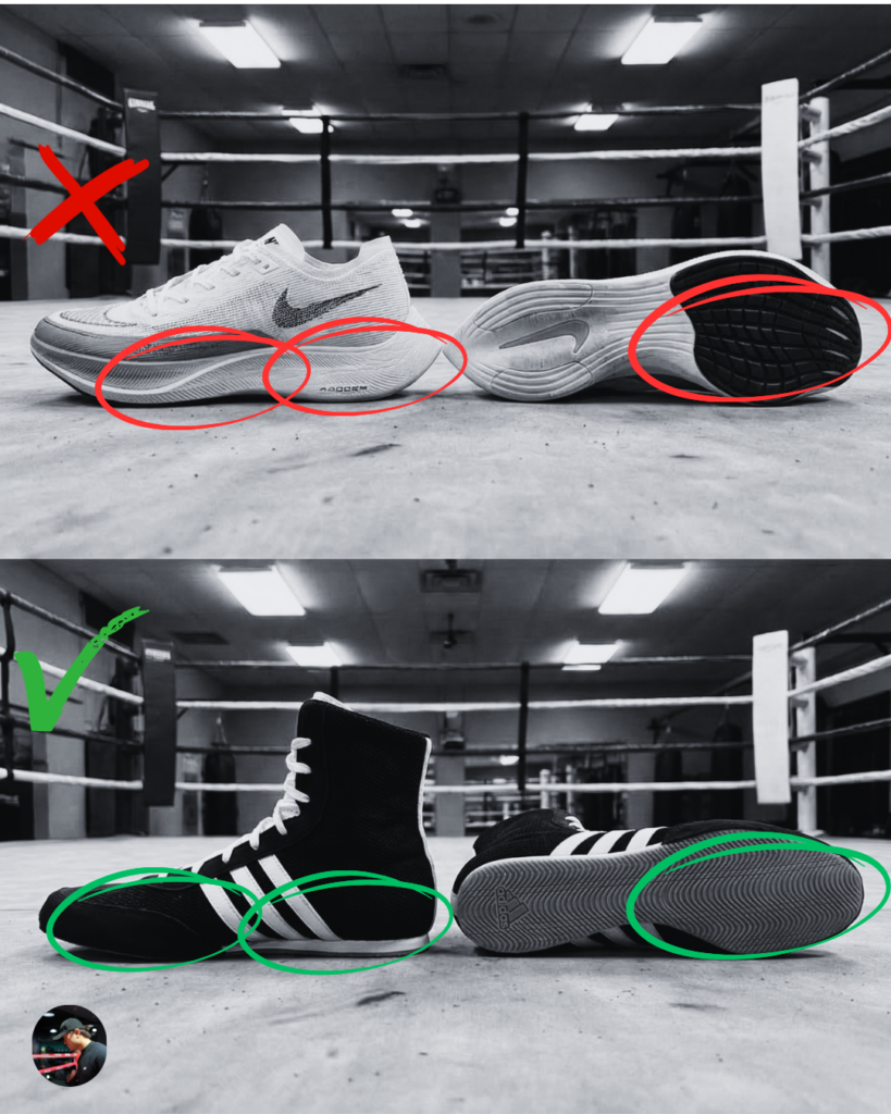 A visual comparison between a running shoe (marked with a red X) and a boxing shoe (marked with a green check). It explains that running shoes have thick soles that absorb punching power, deform during lateral movement, and have forward-facing treads. Boxing shoes have flat, non-deforming soles with rotational treads designed to effectively transfer kinetic energy to the punch.
