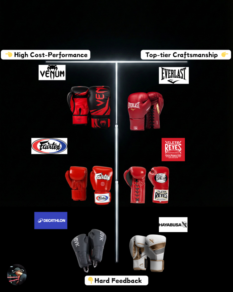 Infographic detailing the bottom half of the glove matrix: "Hard Feedback" gloves suited for heavy bags and pad work, not sparring. It categorizes entry-level options like Venum and Decathlon, Muay Thai brands like Fairtex, and high-end puncher's gloves like Everlast MX, Cleto Reyes, and Hayabusa.