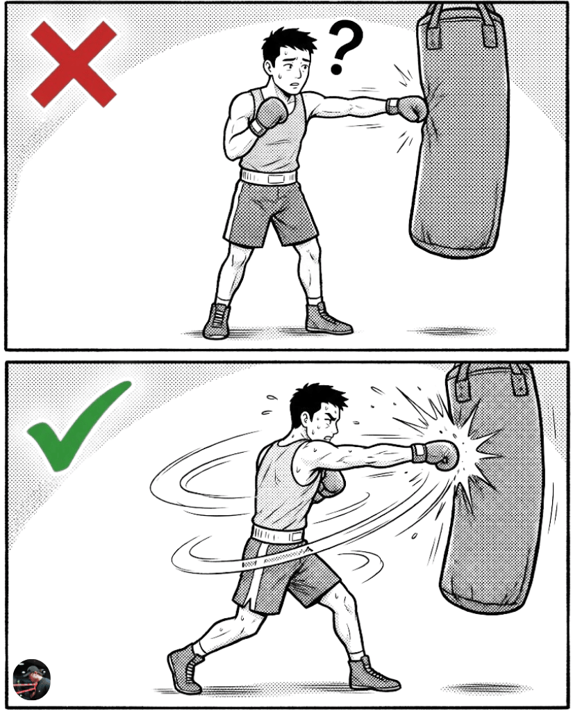 A two-panel comic comparison. Top (Red X): Person pushing a sandbag with only arm power, titled "Two: 'Pushing' the bag (No power, bag doesn't sound)". Bottom (Green Checkmark): Correction showing punching through the sandbag. Swirling body mechanic lines show rotation from heel, hip, to shoulder like a whip, ensuring penetrating power so the bag sounds