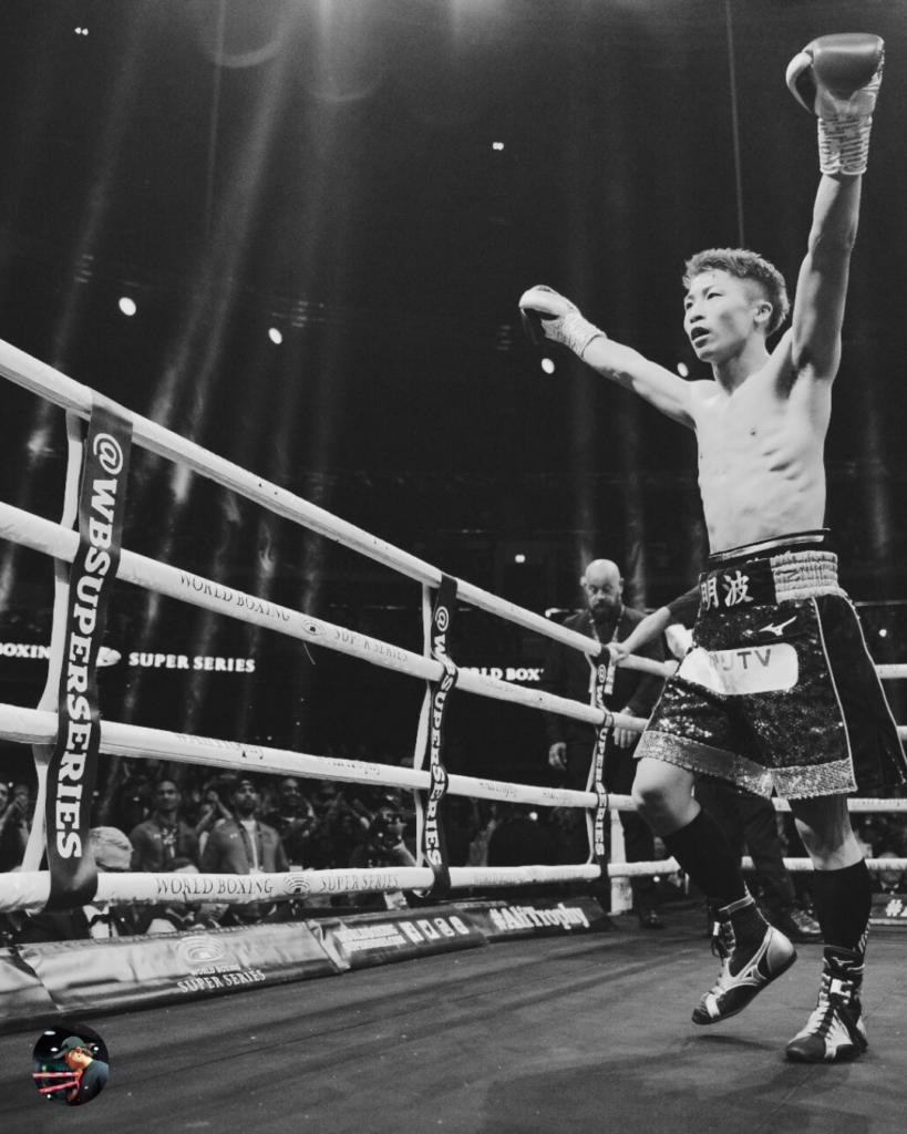 A guide on how to choose boxing shoes based on four factors: fighting style (agile lightweight movement vs. heavy planted stability), personal foot shape (narrow vs. wide feet), protection needs (high-top ankle support and arch support), and budget. The background shows a victorious boxer raising his arm in the ring