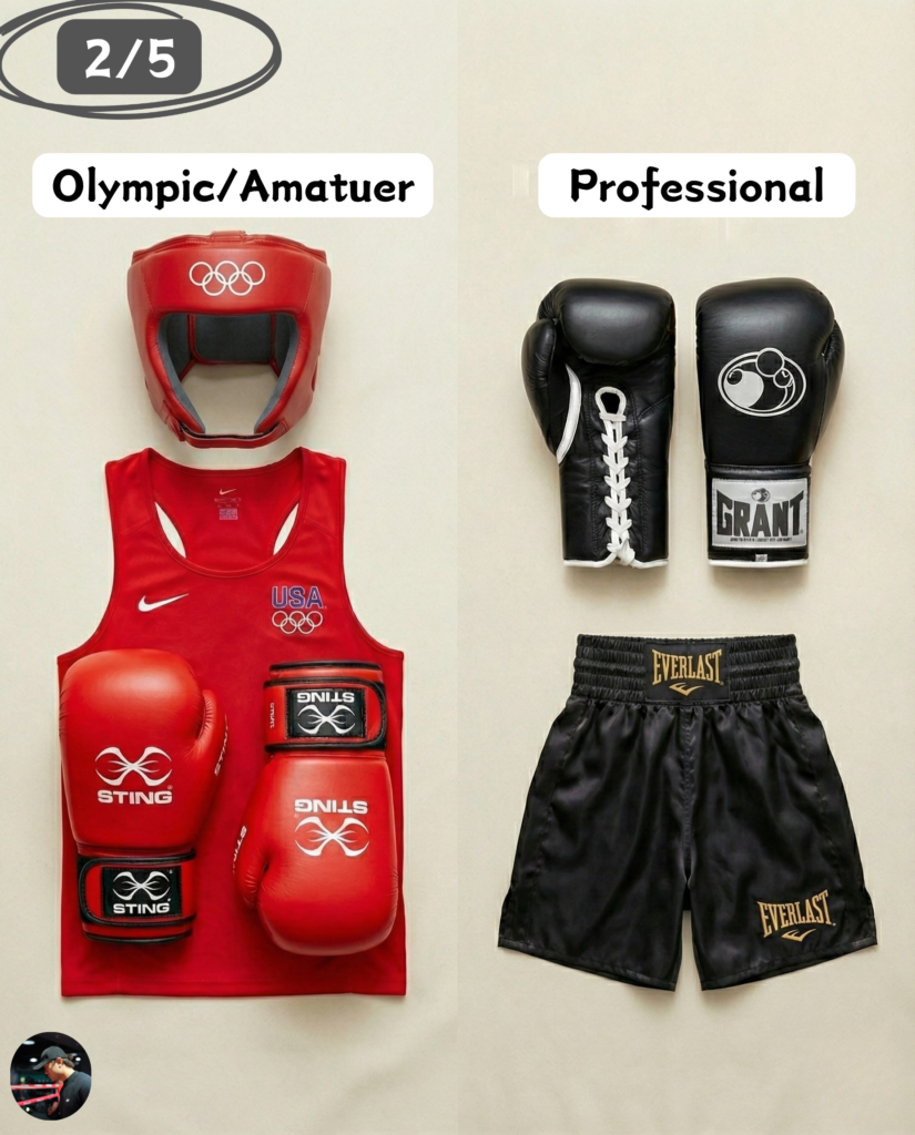 A visual comparison of boxing equipment. Olympic/Amateur boxing requires strict red or blue uniforms, mandatory tank tops, and highly protective 10-12oz gloves. Professional boxing features customized colored trunks to show personality, no shirts for men, no headgear, and thinner, more damaging 8-10oz gloves.