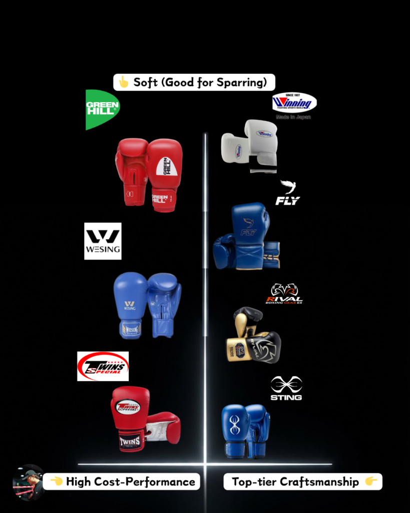 Infographic detailing the top half of the glove matrix: "Soft Shock Absorption" gloves designed for safe sparring. It highlights affordable, protective options like Green Hill, Wesing, and Twins, alongside premium luxury and highly protective brands like Winning, Fly, Rival, and Sting.