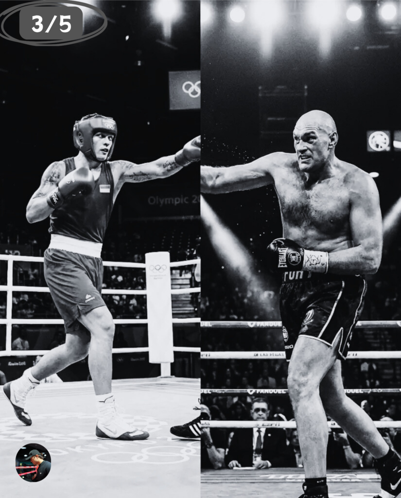 Graphic explaining the boxing scoring system with Tyson Fury and Oleksandr Usyk in the background. It explains that both amateur and professional ranks use the "10-Point Must" system. It highlights the differences in point deductions for knockdowns and notes that winning in the 4 to 12-round professional format requires controlling rhythm and capturing moments for heavy strikes.