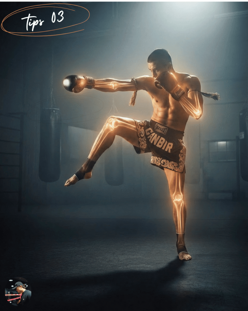A Muay Thai fighter executing a flying knee strike with a glowing skeletal overlay. Text describes Muay Thai as "The Art of 8 Limbs," utilizing punches, elbows, knees, kicks, and the clinch.