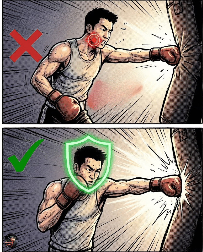 A two-panel comic comparison. Top (Red X): Fighter dropping their hand while punching, titled "Three: Dropping hands (Getting hit all the time in sparring)". Face is totally exposed on one side as a target. Bottom (Green Checkmark): Correction showing a high guard maintained with one hand while the other punches. A green shield icon overlays the guard. Text: "Remember: One hand goes out to fight, the other hand stays home to guard the door."