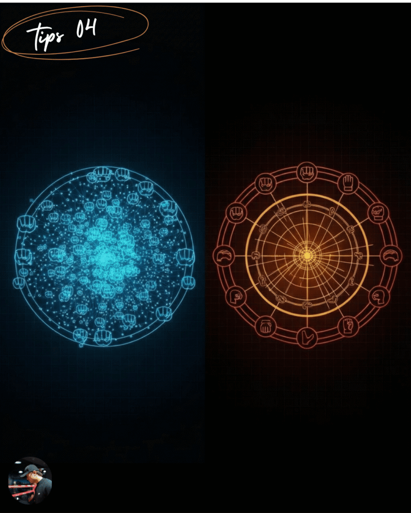 Two abstract graphics comparing fighting rhythms. A blue dense web represents Boxing's concentrated punch threats, while a red circular diagram represents Muay Thai's broader range of striking options.