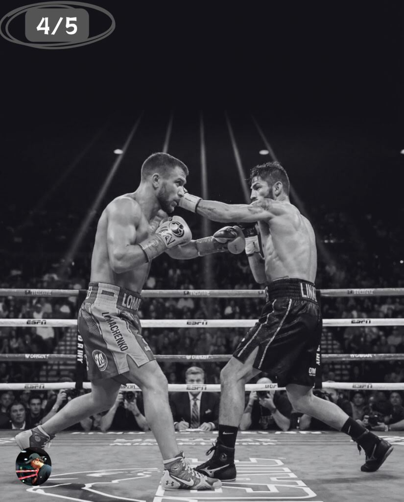 Black and white photo of Vasyl Lomachenko landing a punch. The text addresses the myth that Olympic styles don't work in pro boxing, stating that masters like Usyk, Lomachenko, and Bivol prove otherwise. Their elite "distance control" and "angle-cutting footwork" allow them to "hit and not get hit," dominating the professional boxing world.