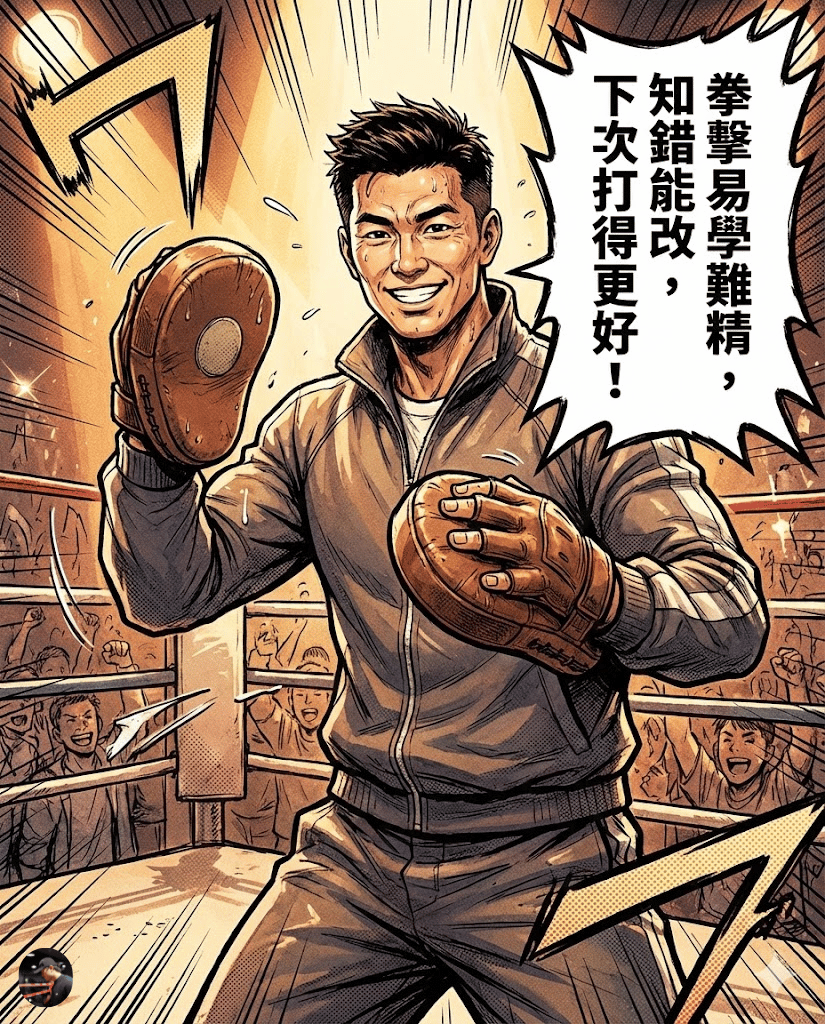 End comic panel with a happy, smiling boxing trainer wearing a glove and focus mitt. A speech bubble with a red outline states: "Boxing is easy to learn, difficult to master. Know mistakes, can change, next time punch better!". Below, a bookmark points to text that says, "Save this for next time you train!". An arrow points off-panel.