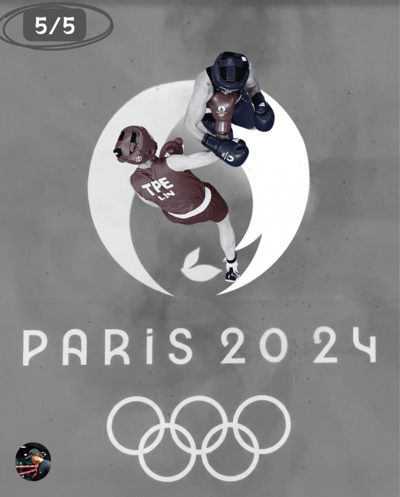 Top-down view of two Olympic boxers competing, with a Paris 2024 logo faintly in the background. The text explains that the Olympic/Amateur phase is a "Super Foundation Period," where fighters develop the highest level of distance control and defensive reflexes, which is why most professional champions come from Olympic backgrounds.