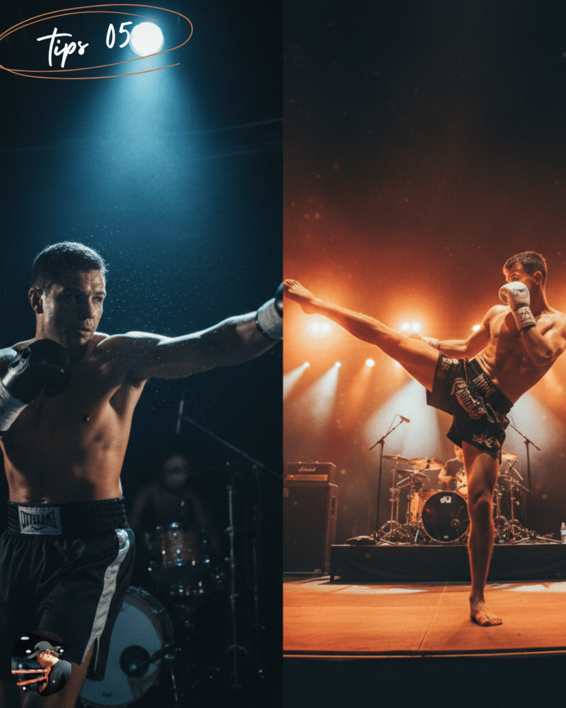 Side-by-side comparison using a music metaphor. Boxing is compared to a solo instrument focusing on dense, specific rhythms, while Muay Thai is compared to a live band requiring multi-layered distance and weapon management.