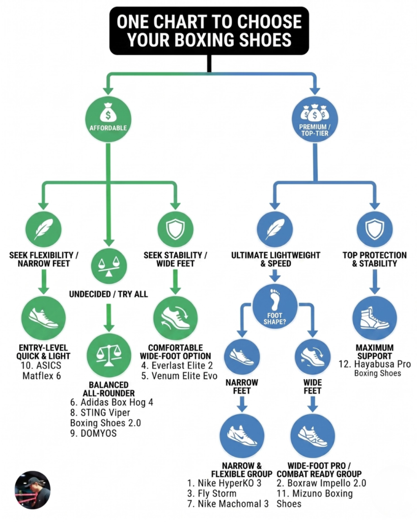 A visual decision tree flowchart to help users choose the perfect boxing shoe. It filters choices starting with Budget (Affordable vs. Premium), then desired traits (Agility, All-Around, Stability), and finally Foot Shape (Narrow vs. Wide), mapping the user to one of the 12 specific shoe models reviewed in the guide.