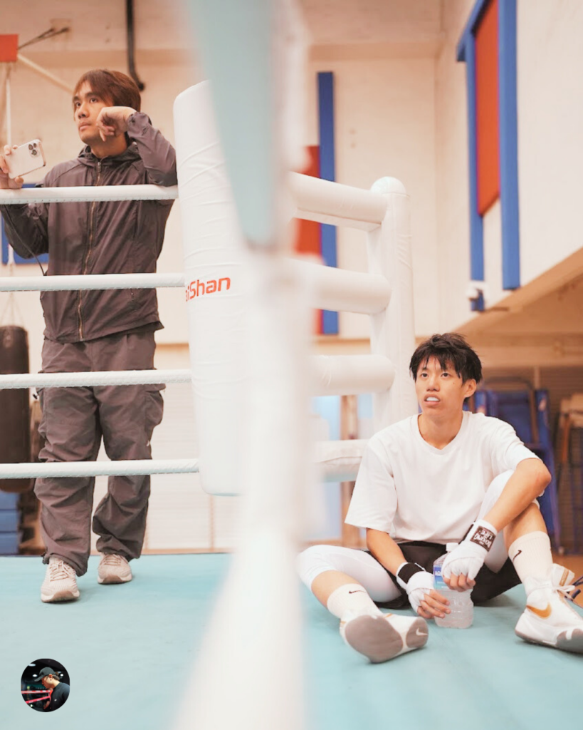 The final summary image showing a boxing coach taking a photo and a tired student resting on the ring canvas. The text states: "Choosing the right boxing shoes will absolutely help you perform better in the ring. If you want to try boxing, DM me quickly!" with buttons reminding viewers to Like, Share, and Save the post.