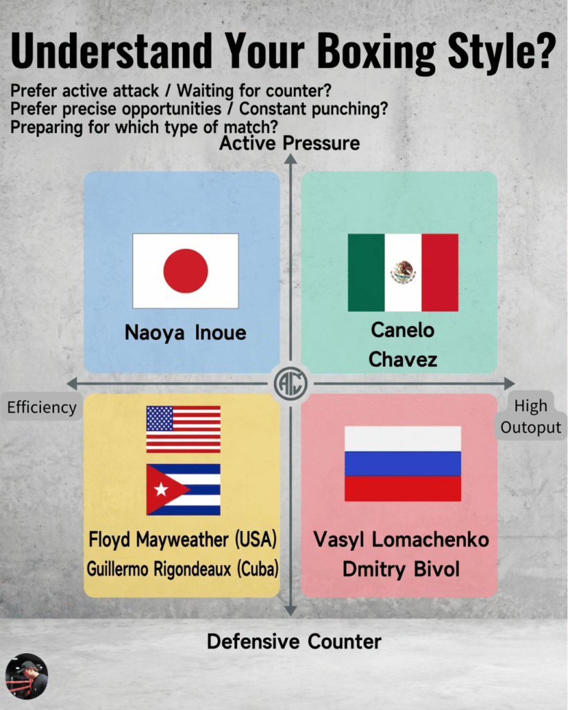A quadrant matrix chart analyzing different boxing styles based on offensive pressure, counter-attacking, and efficiency.